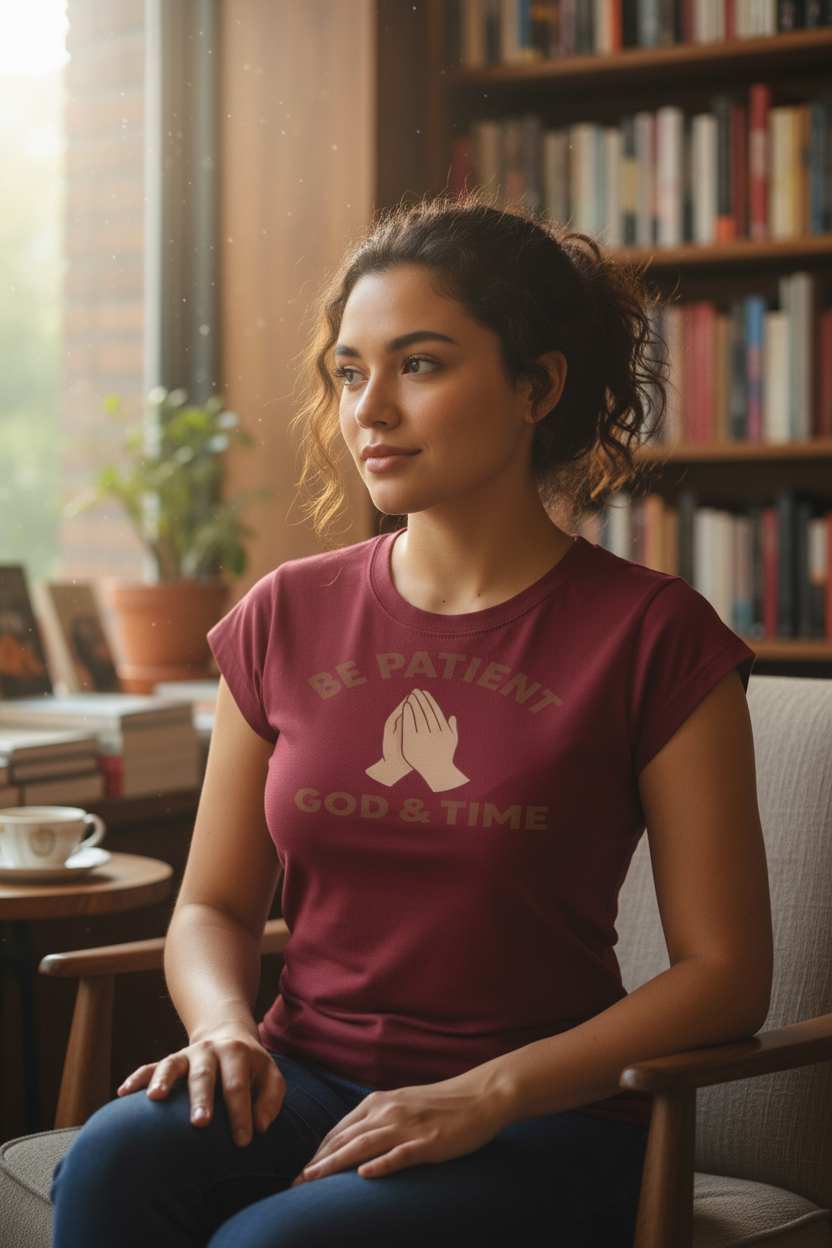 Burgundy tee, bookstore