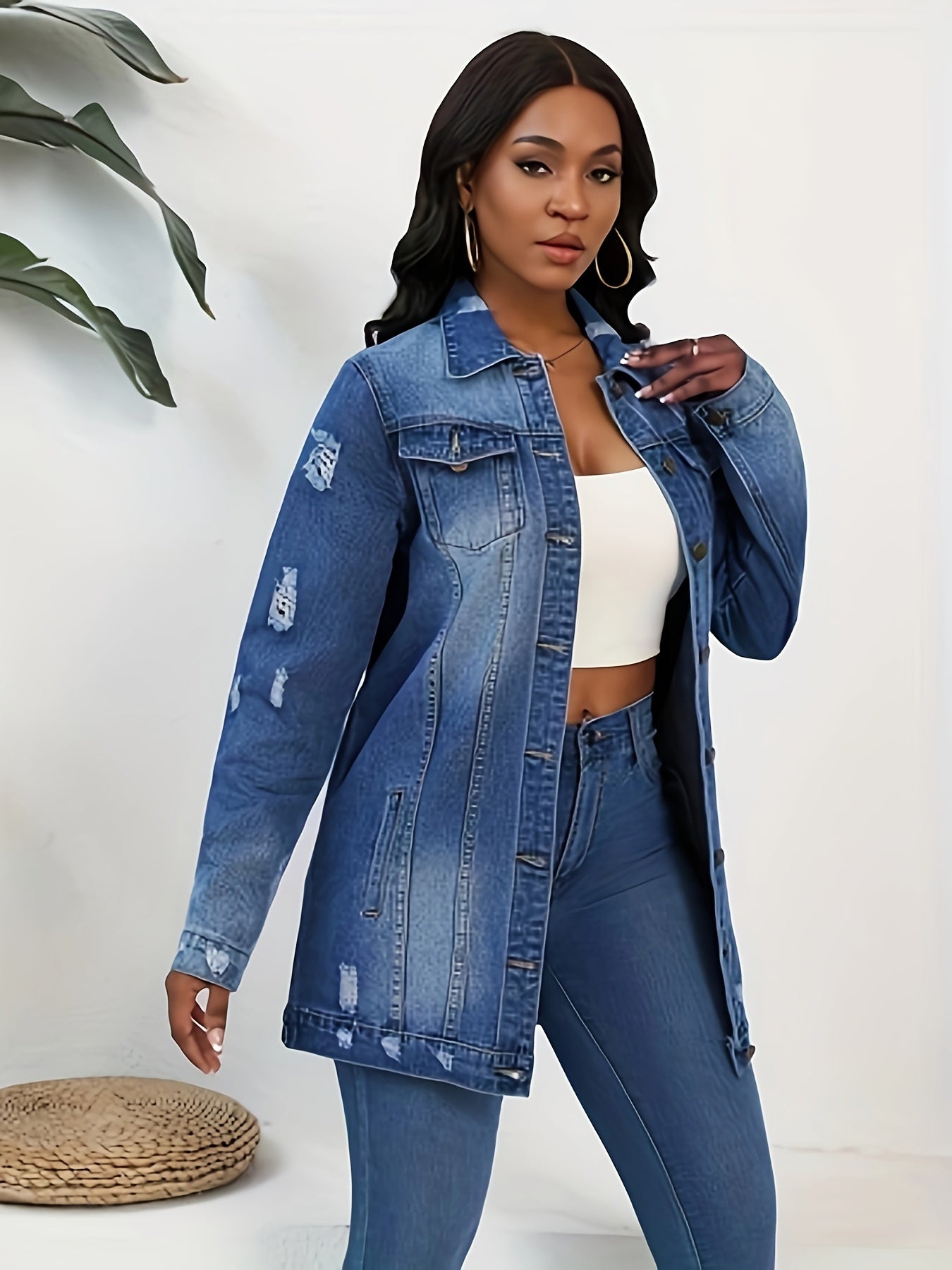 FZ Women's Solid Ripped Turn-down Collar Loose Casual Denim Jacket