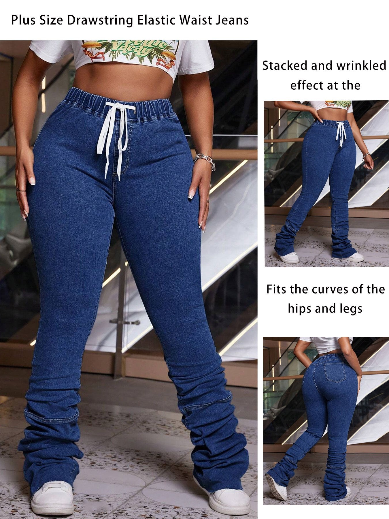 FZ Women'S Plus Size Stretchy Non-See-Through Drawstring Denim Pants