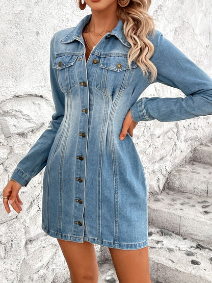 Pocketed Button Up Long Sleeve Denim Dress Trendsi