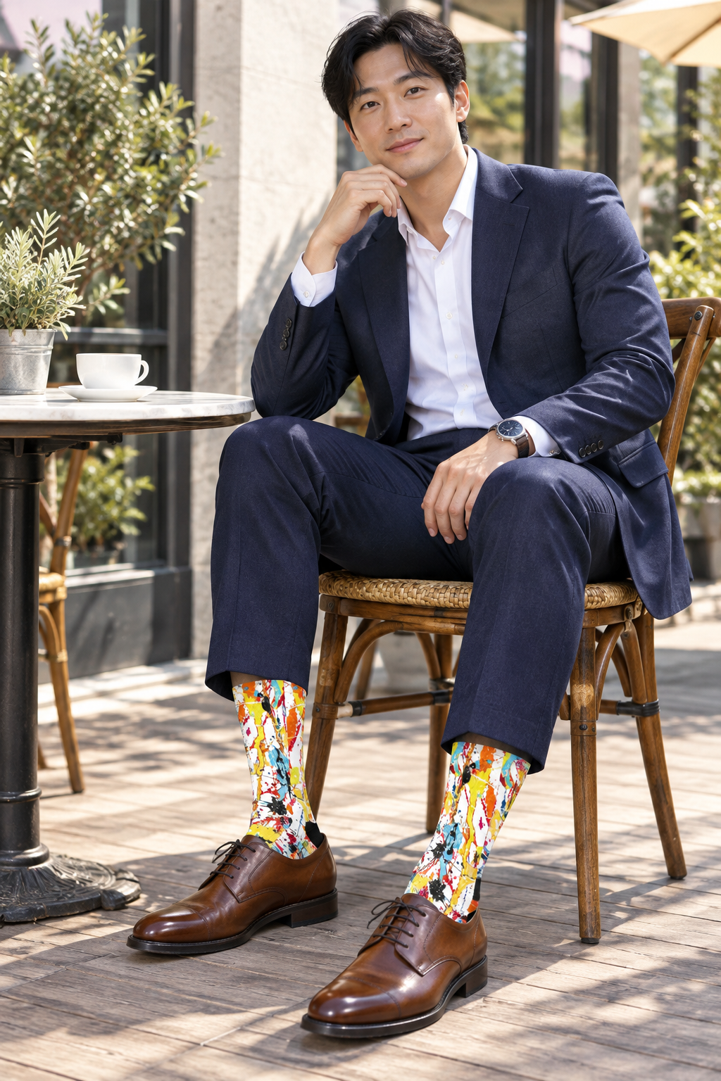 Café terrace look with brown Derby shoes