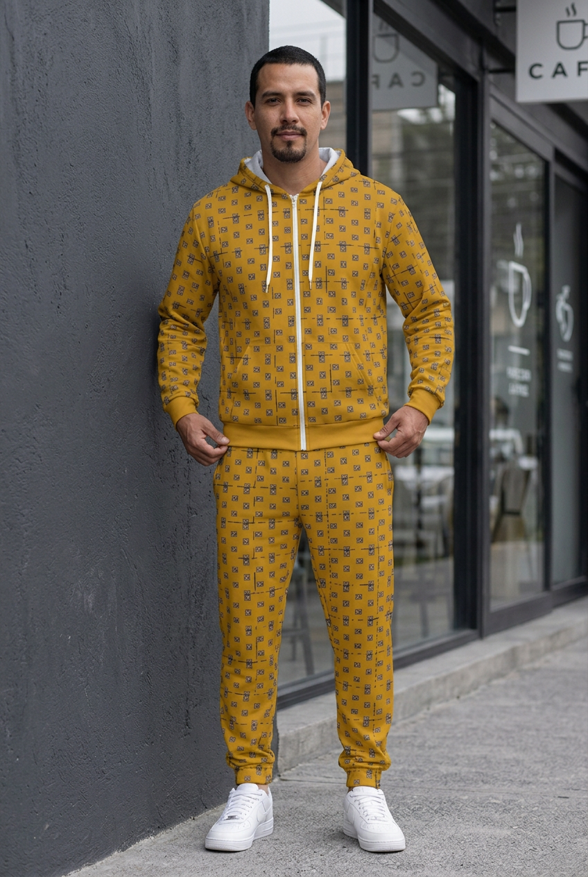 Cafe model standing and lightly holding the jacket hem