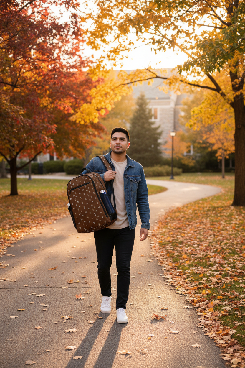 Campus path with backpack on one shoulder