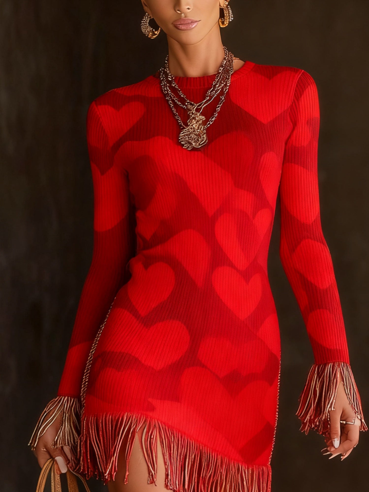 FZ Women Christmas Print Tassel Long Sleeve Mini Dress