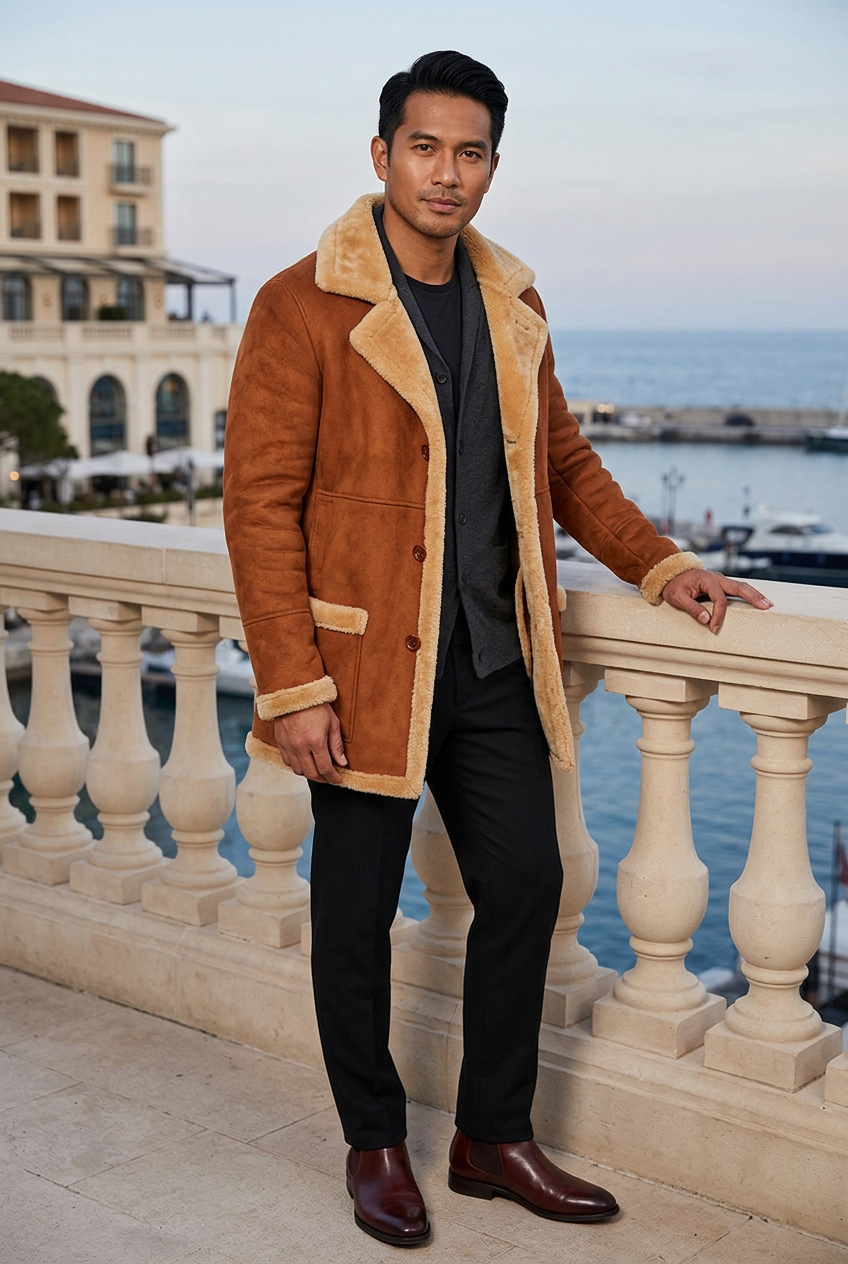Cognac coat styled on a harbor hotel terrace