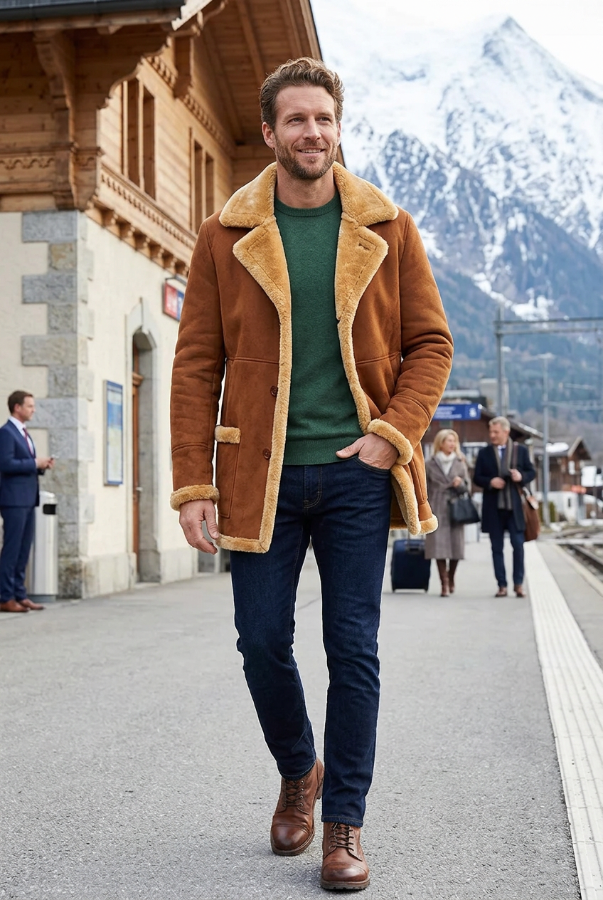 Cognac coat styled outside an alpine railway chalet