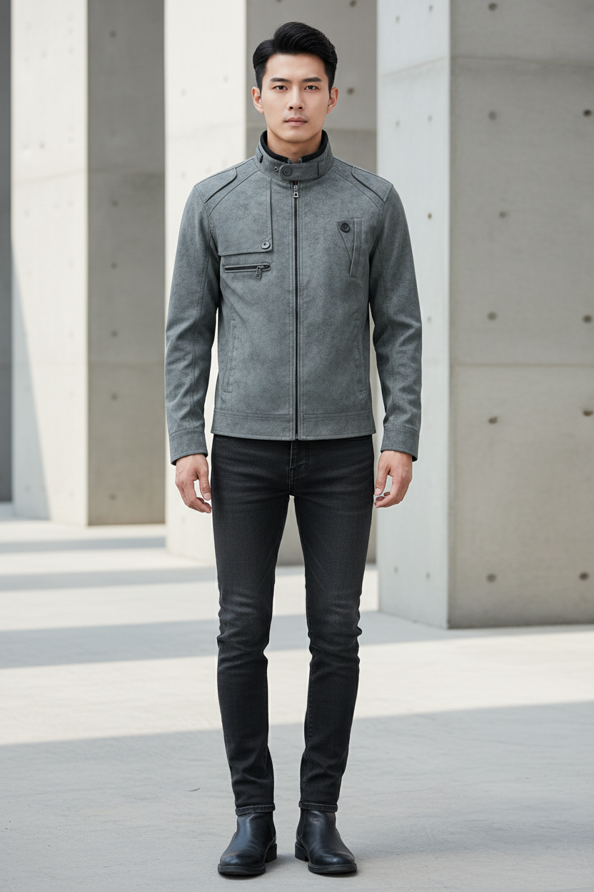 Corrected East Asian male model wearing charcoal-gray moto jacket, front view