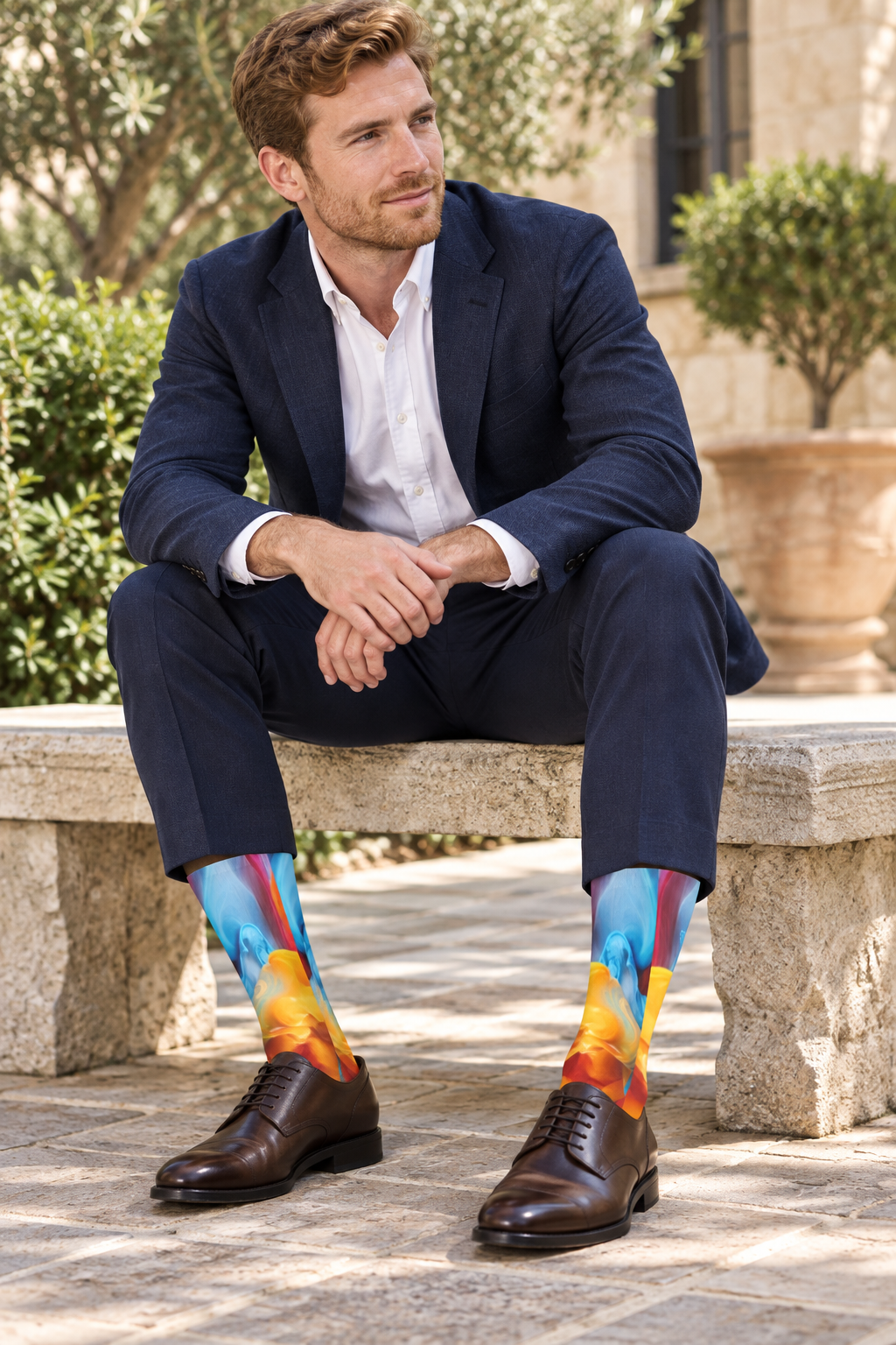 Courtyard look with brown Derby shoes