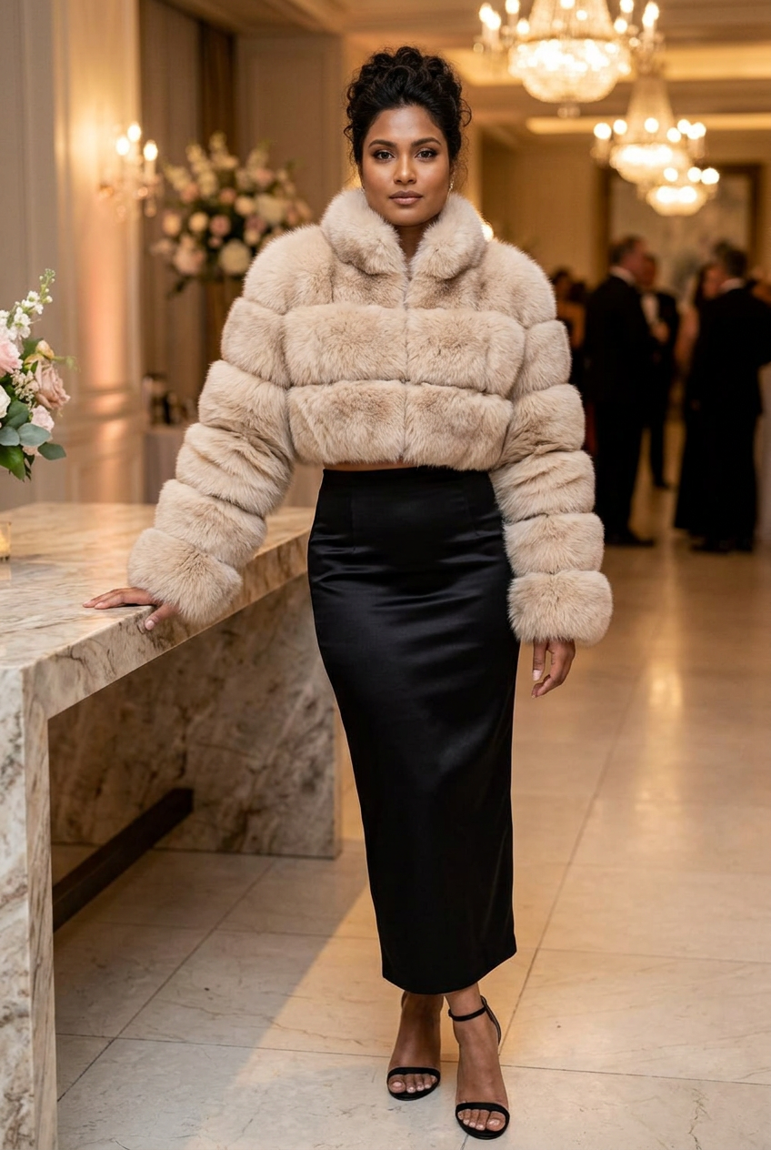 Cream cropped fur coat styled in a gala foyer