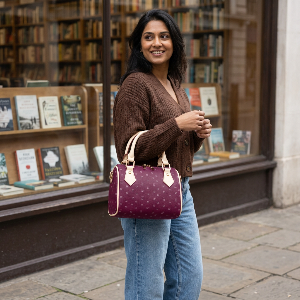 Cream-trim handbag outside a bookstore