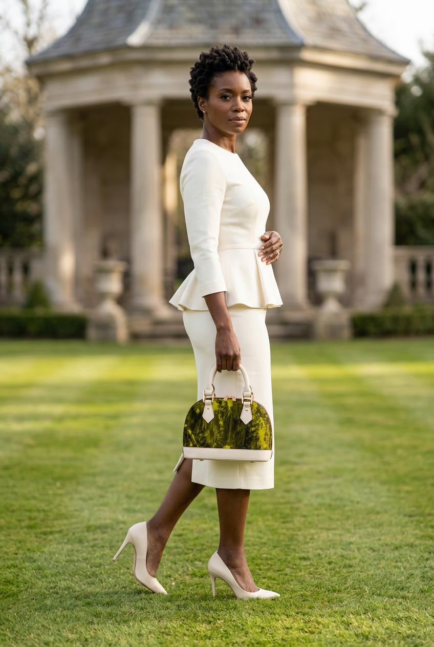 Cream-trim olive mini handbag on an estate lawn