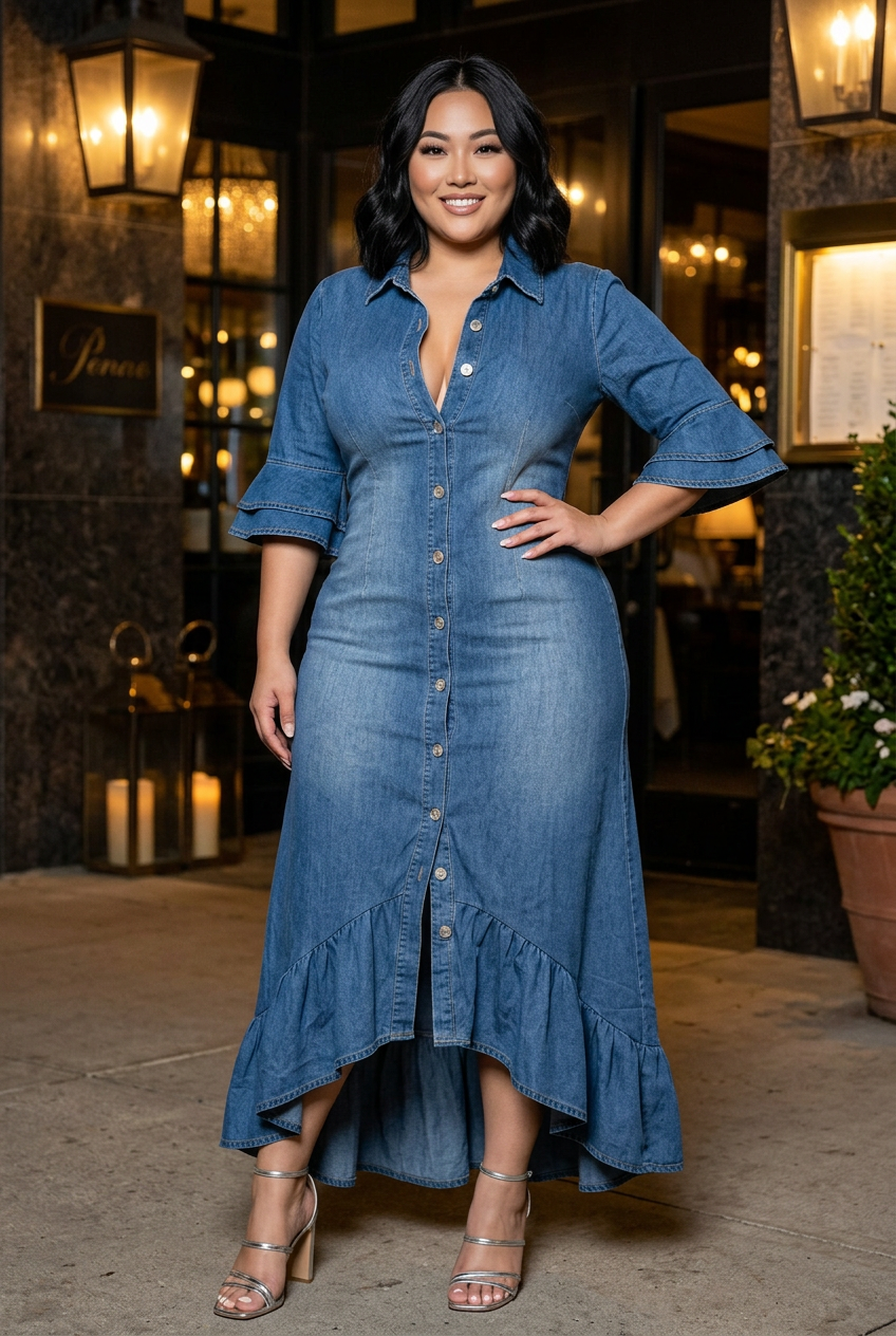 Curvy fitted denim dress, restaurant evening look