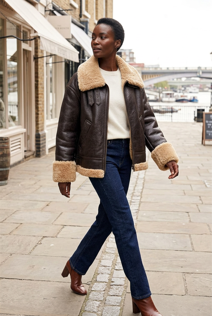Dark-brown aviator jacket styled on a riverside market lane