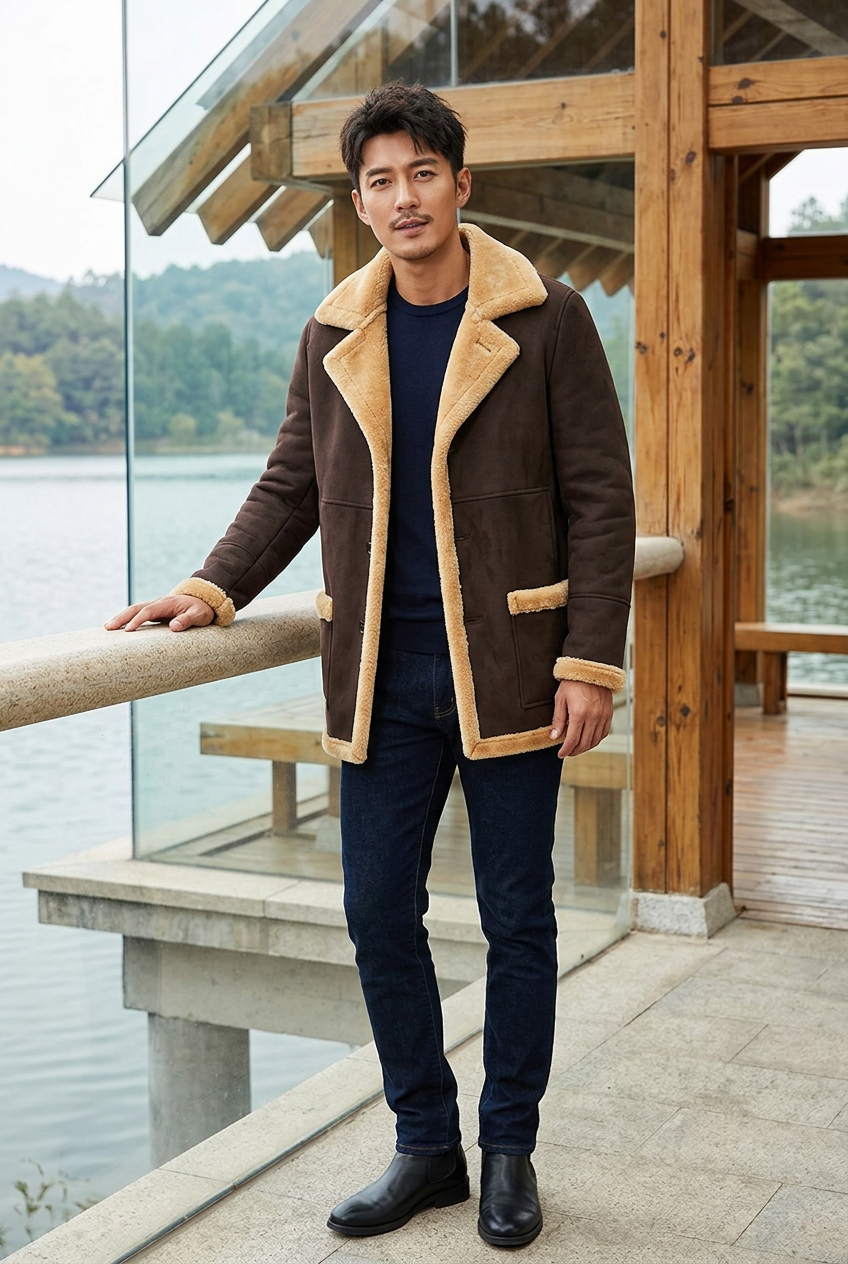 Dark-brown coat styled at a lakeside pavilion
