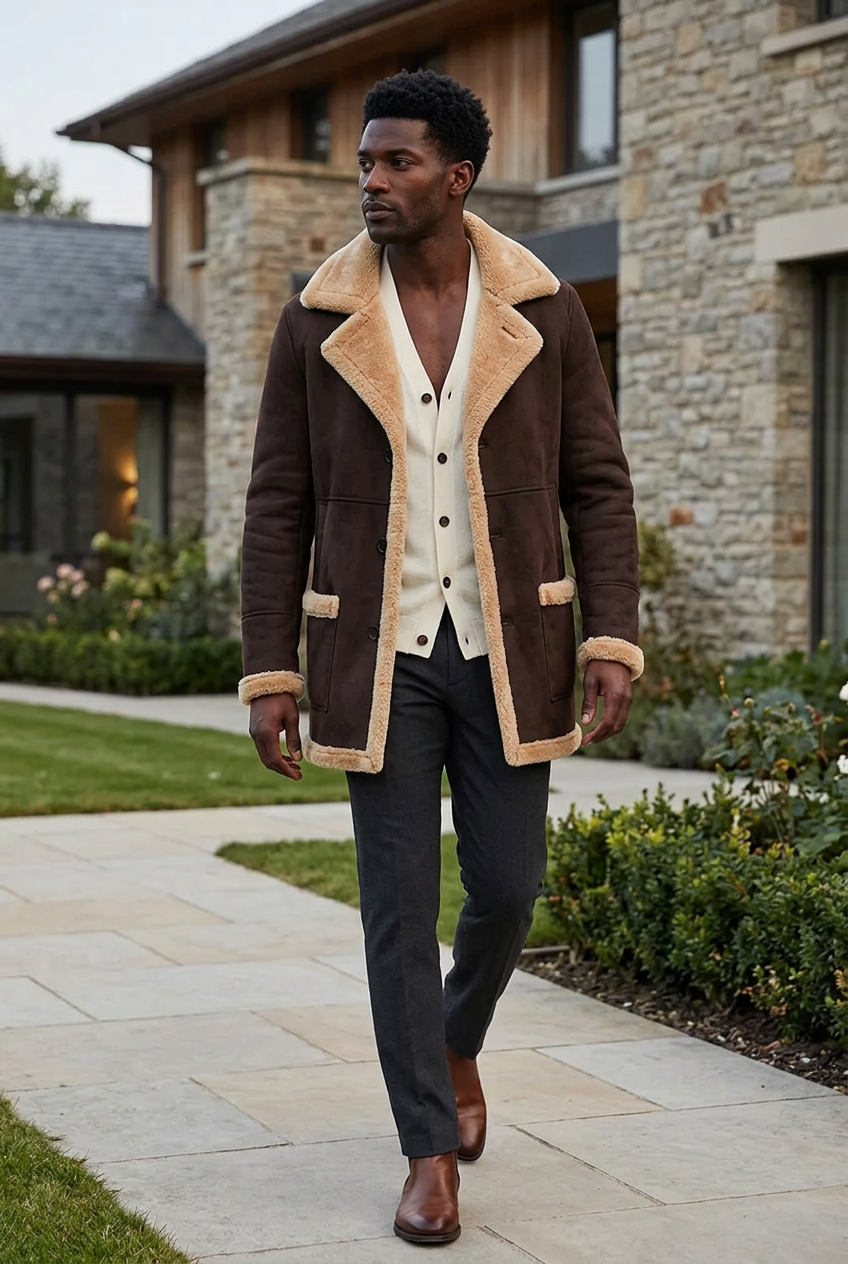 Dark-brown coat styled on a villa garden path