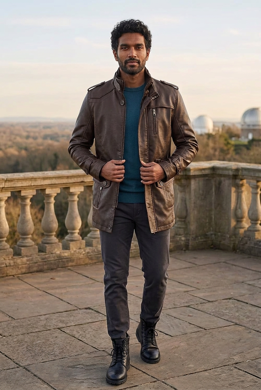 Dark-brown jacket correction on the observatory terrace