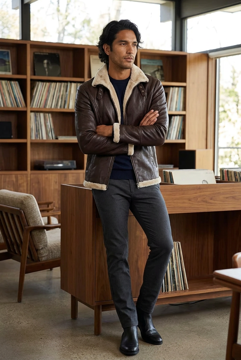 Dark-brown jacket styled in a vinyl listening lounge
