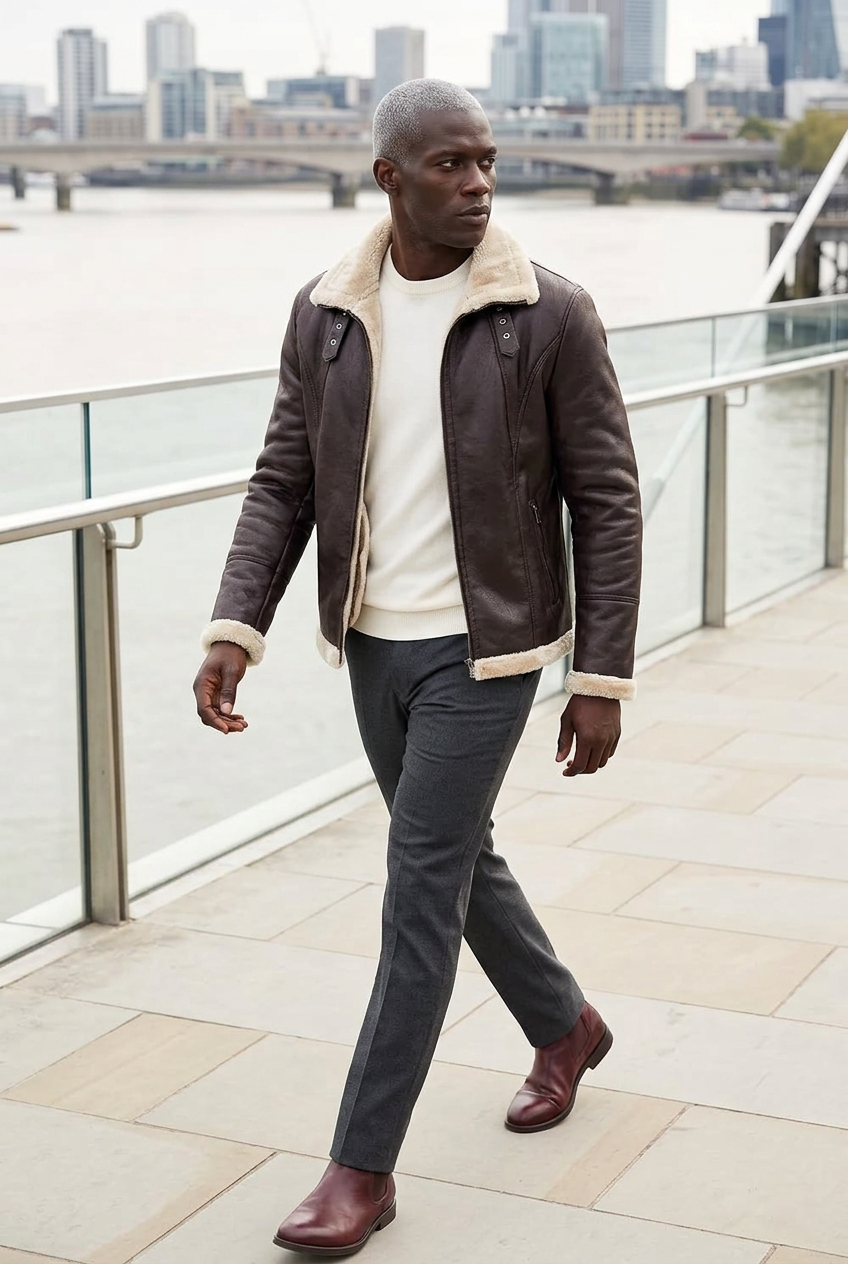 Dark-brown jacket styled on a riverside pedestrian bridge