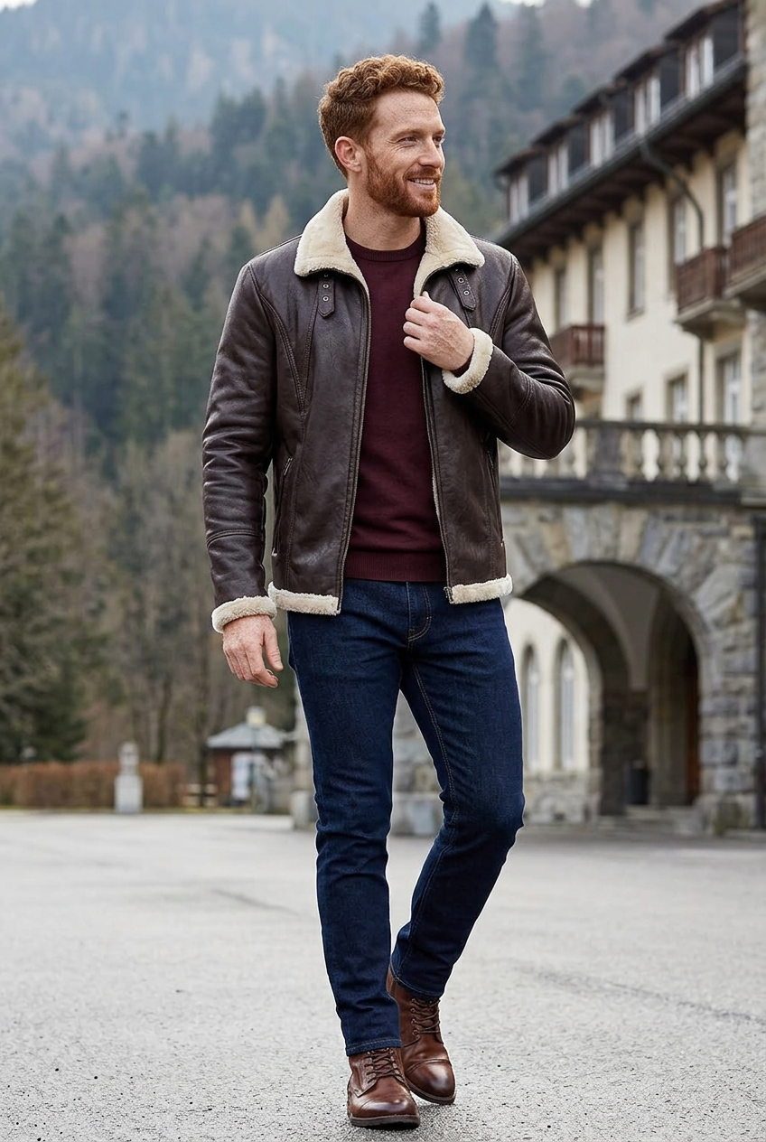 Dark-brown jacket styled outside a mountain railway hotel