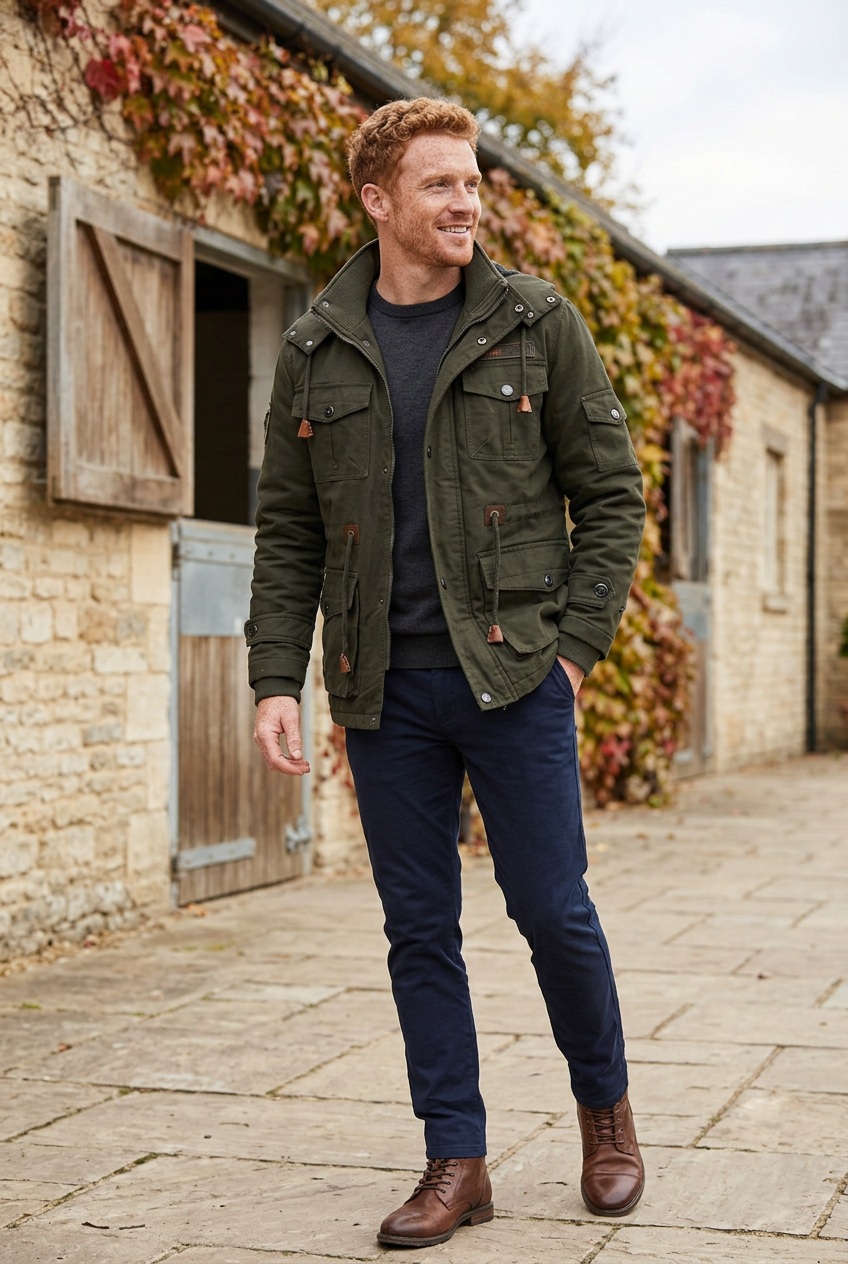 Dark-olive utility jacket styled outside a country estate
