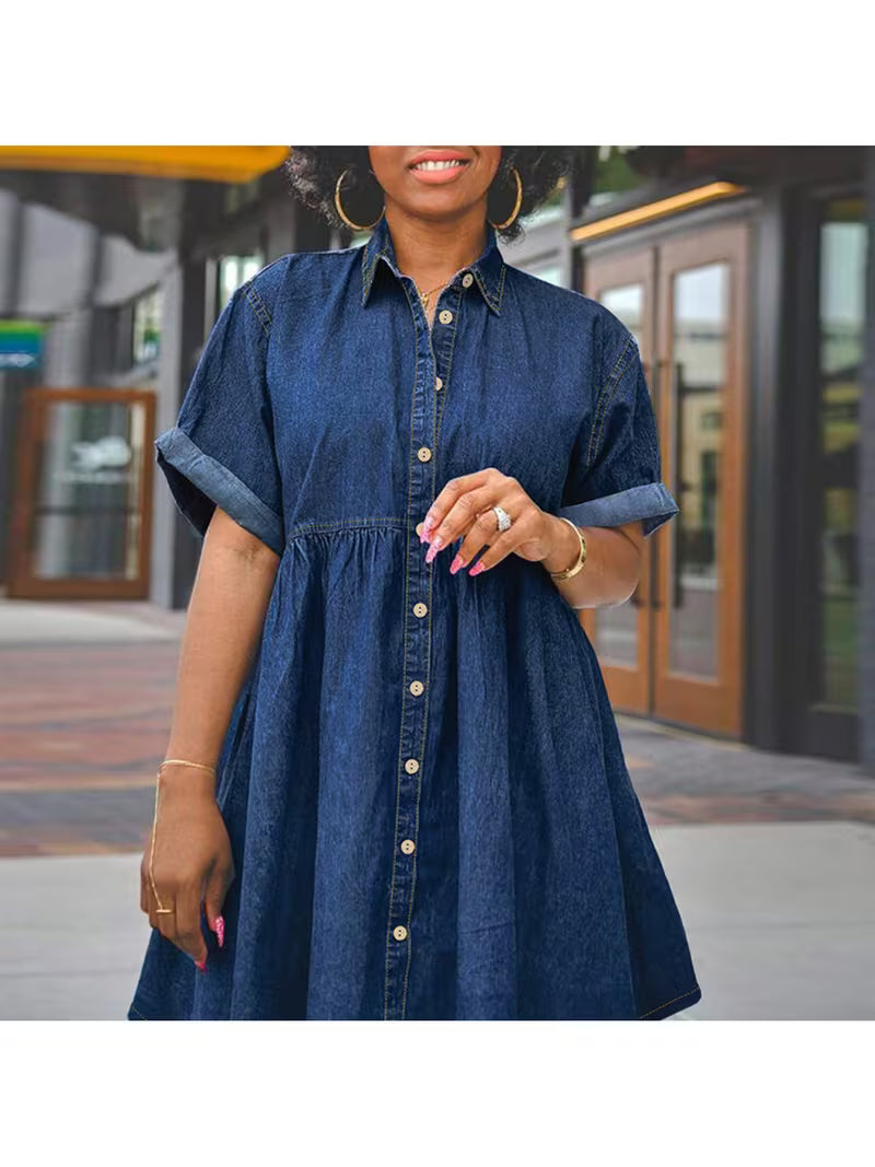 FZ Women's Plus Size Loose Lapel Short Sleeve Shaggy Denim Dress