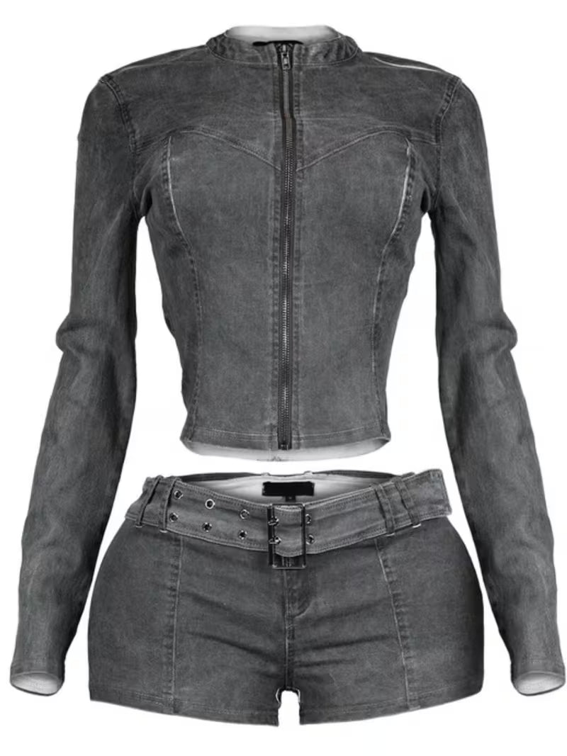 FZ Women's Y2K Long-Sleeve Belted Design Denim Shorts Suit