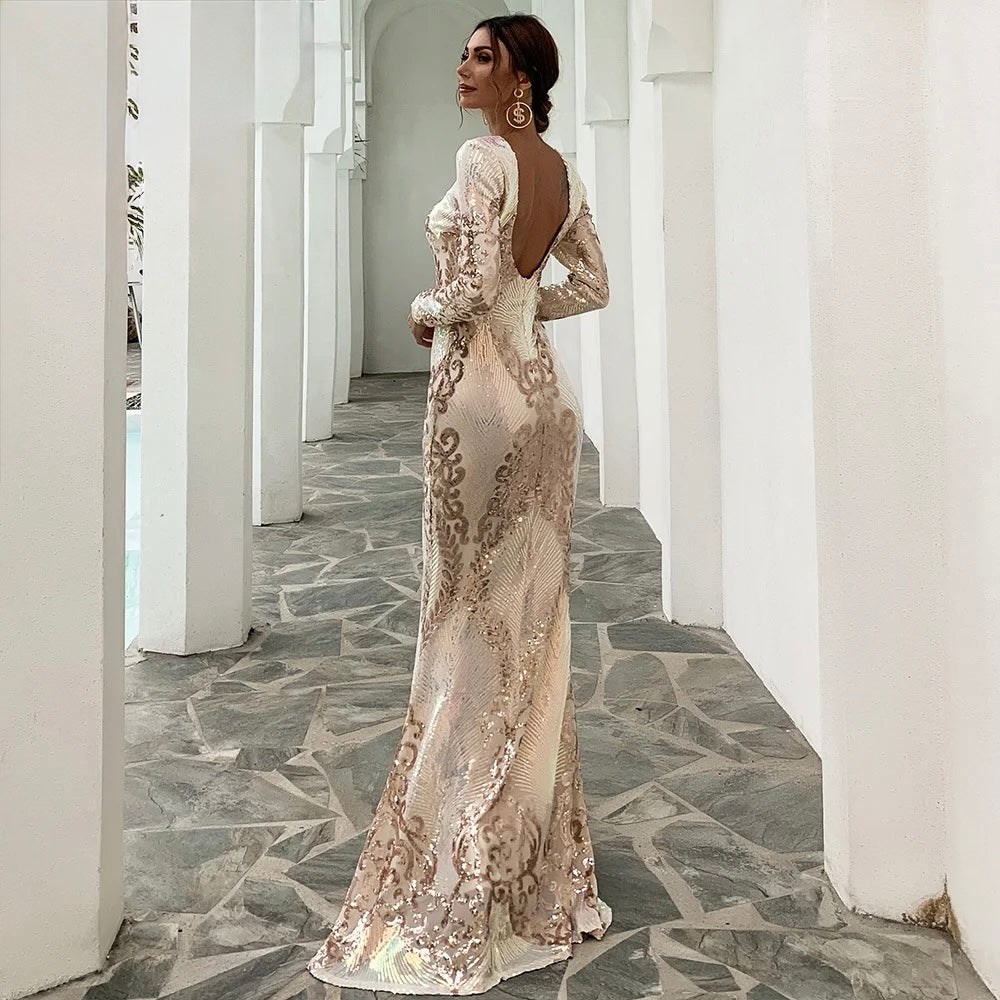 FZ Women's O Neck Long Sleeves Sequin Backless Maxi Mermaid Evening Dress