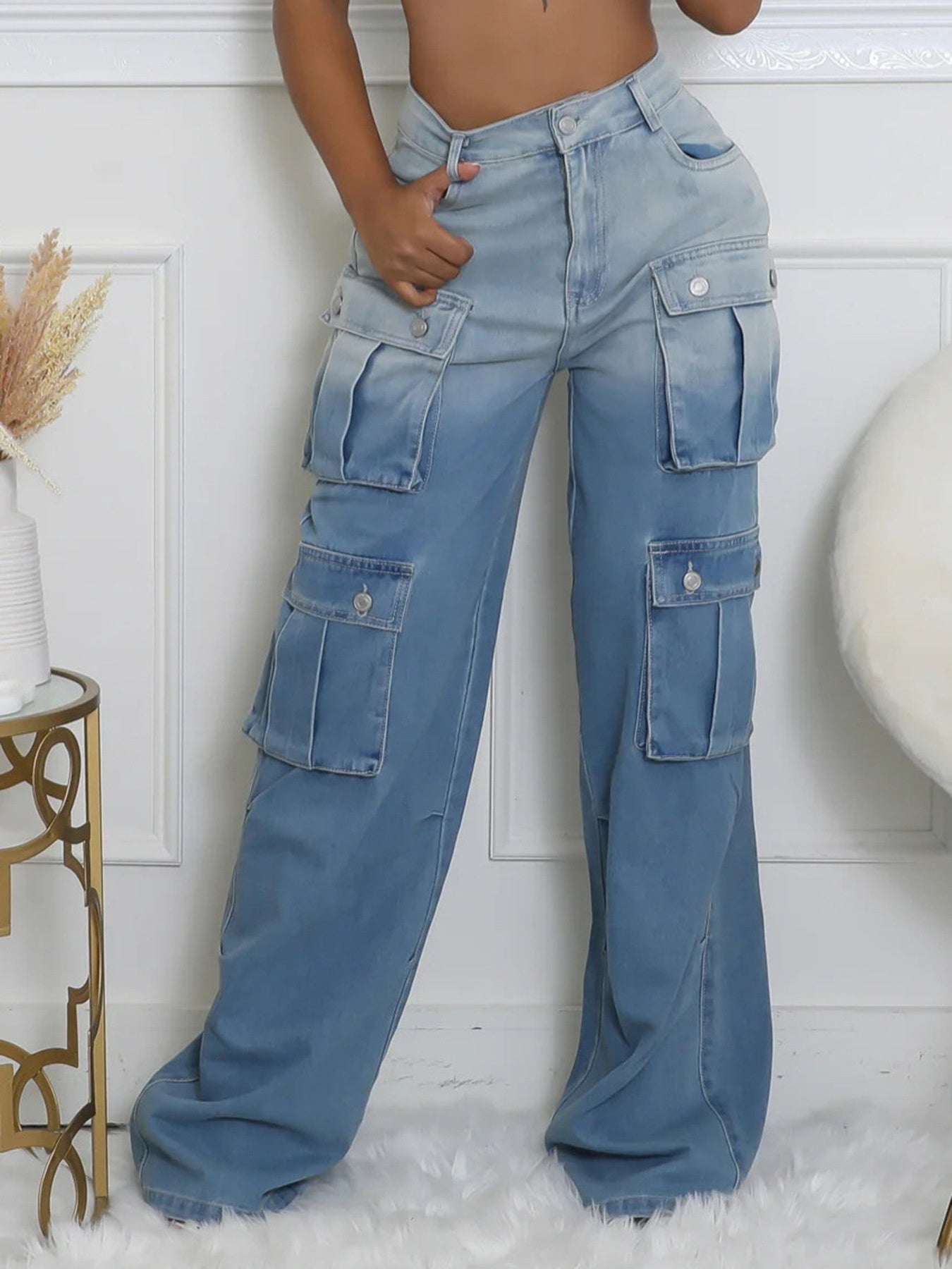 FZ Women'S Street Style Multi-pocket Gradient Cargo Wide-Leg Denim Pants