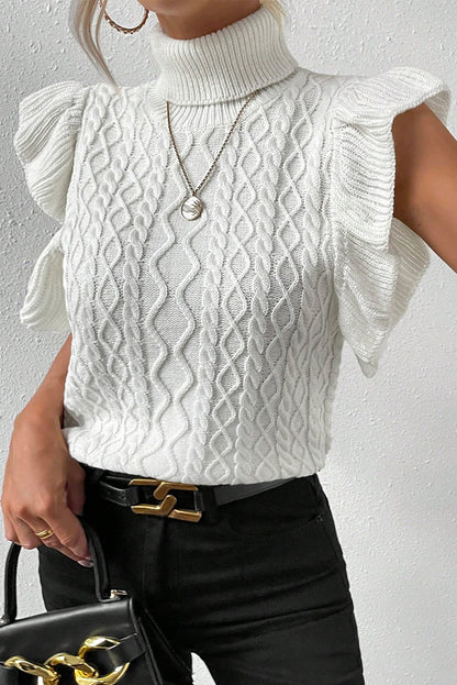 FZ Women's White Turtle Neck Cable Knit Ruffled Sweater Top