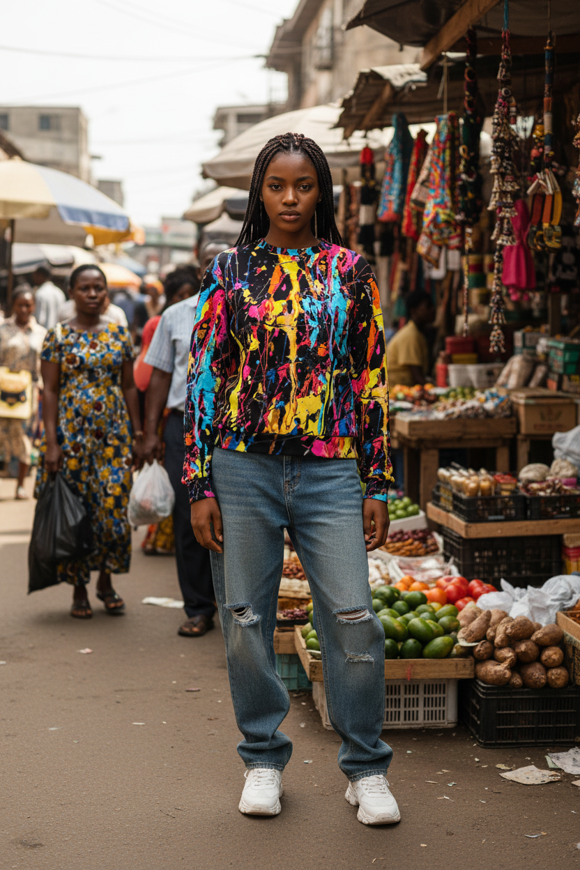 East African woman in black paint splatter sweatshirt, Lagos market setting