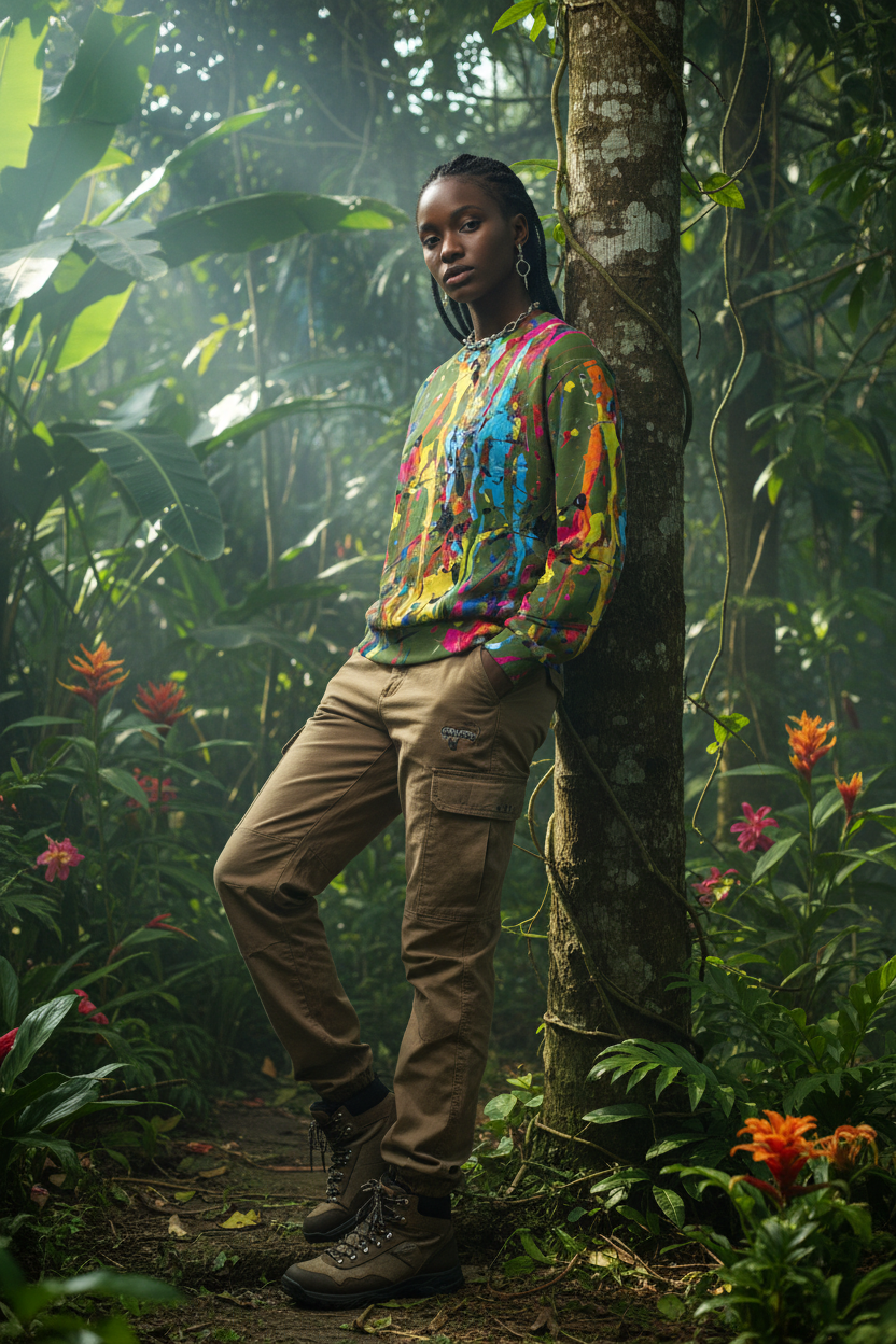 East African woman in olive green paint splatter sweatshirt, jungle setting