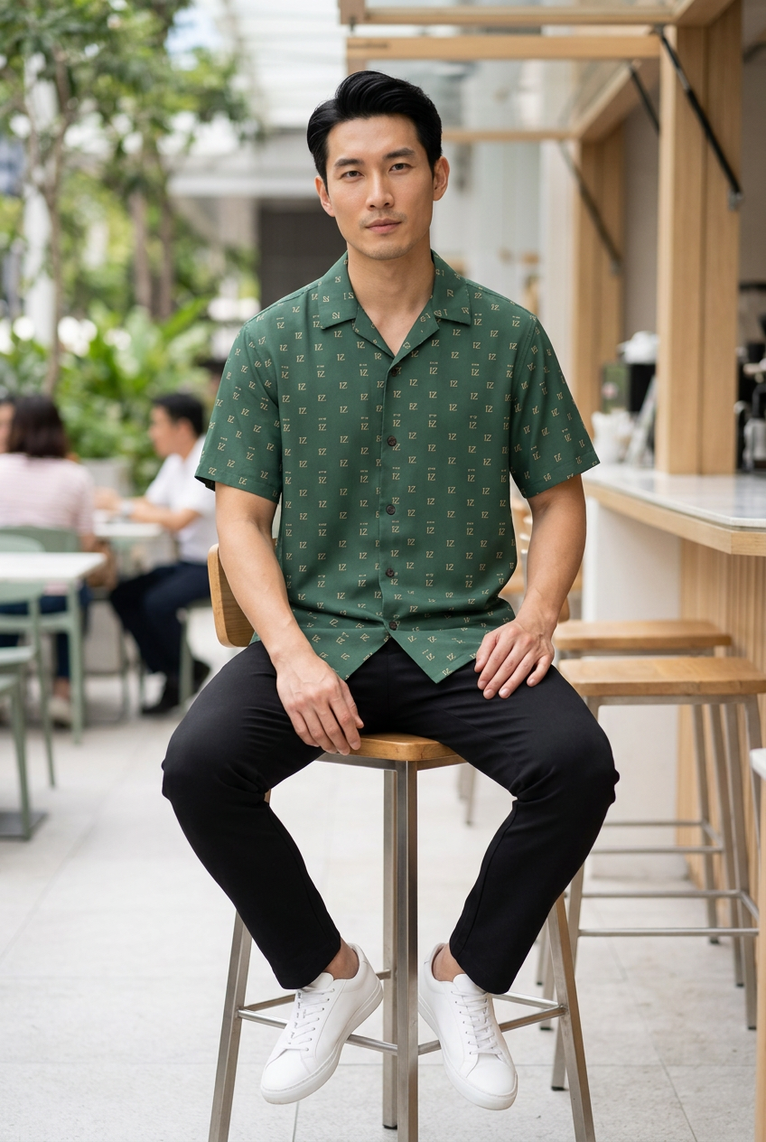 East Asian male model seated at an open-air café