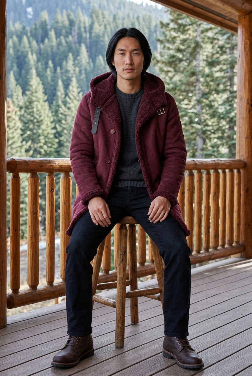 East Asian male model seated on a mountain-lodge terrace wearing the burgundy coat
