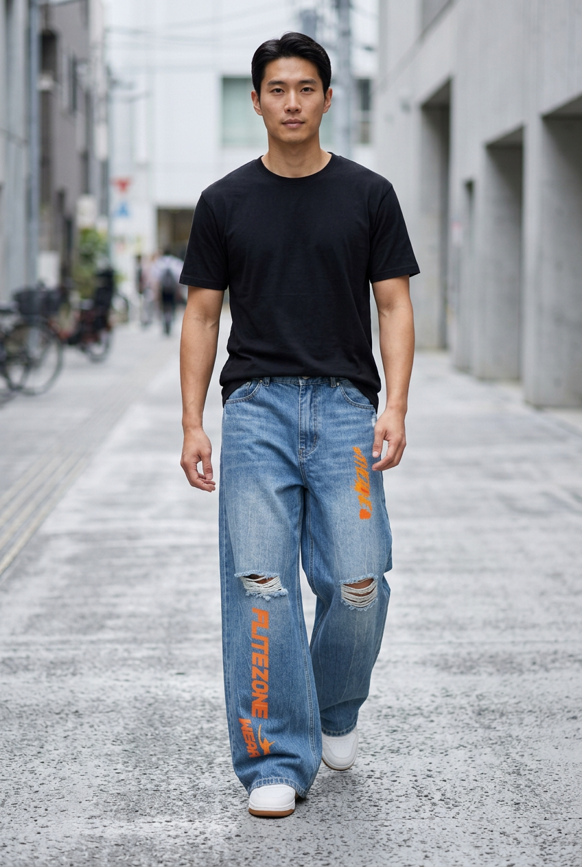 East Asian male model walking on a modern city street