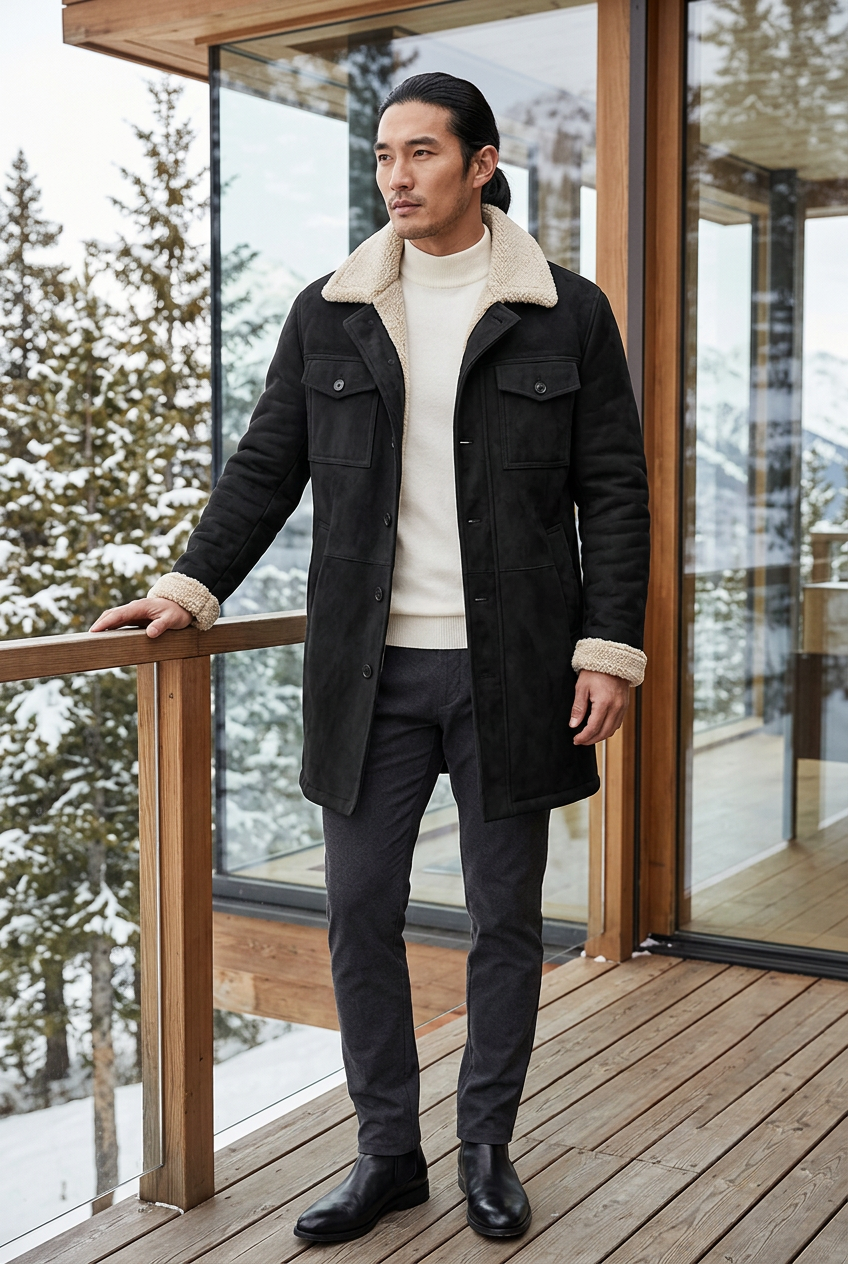 East Asian male model wearing the black cream-trim coat at a mountain pavilion