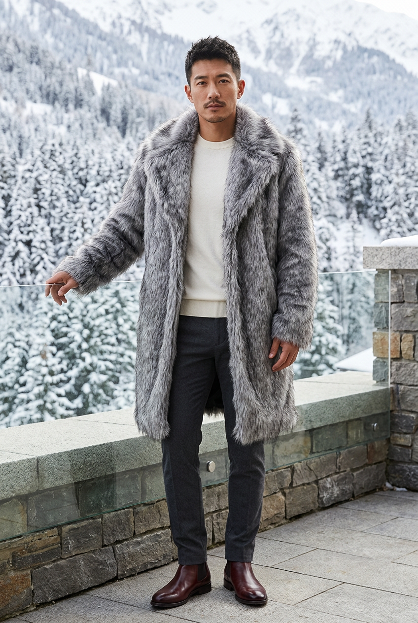 East Asian male model wearing the silver-gray coat on a mountain resort terrace