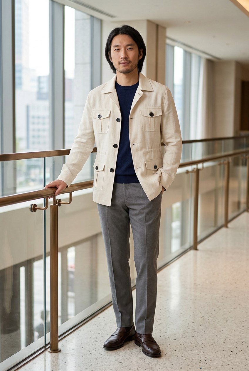 East Asian male model wearing the white cargo jacket in a design hotel atrium