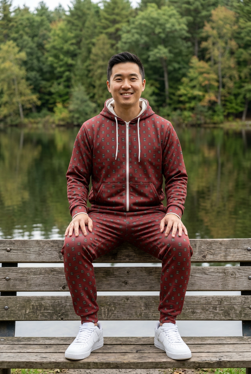 East Asian male seated on a lakeside bench