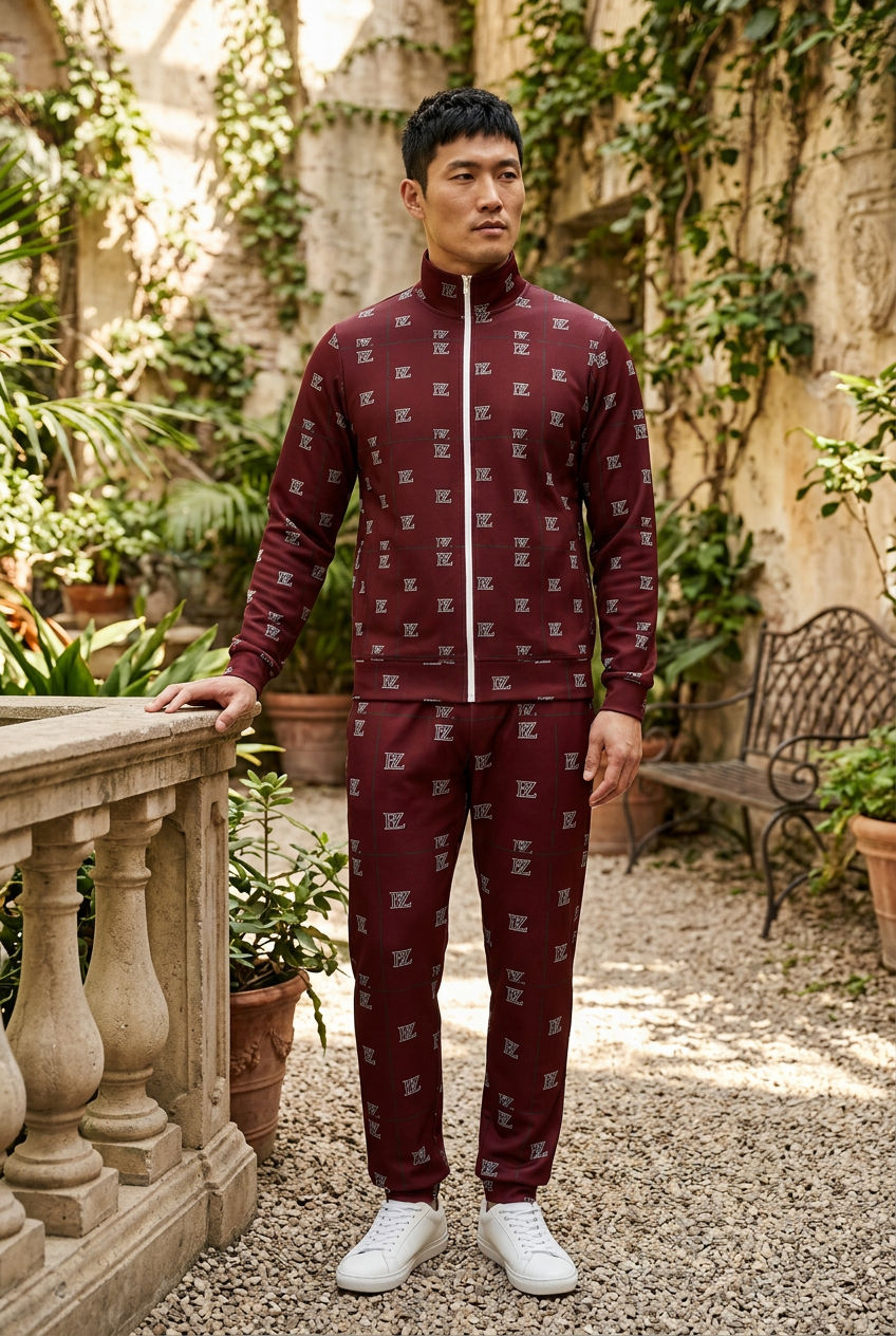 East Asian man in a botanical courtyard