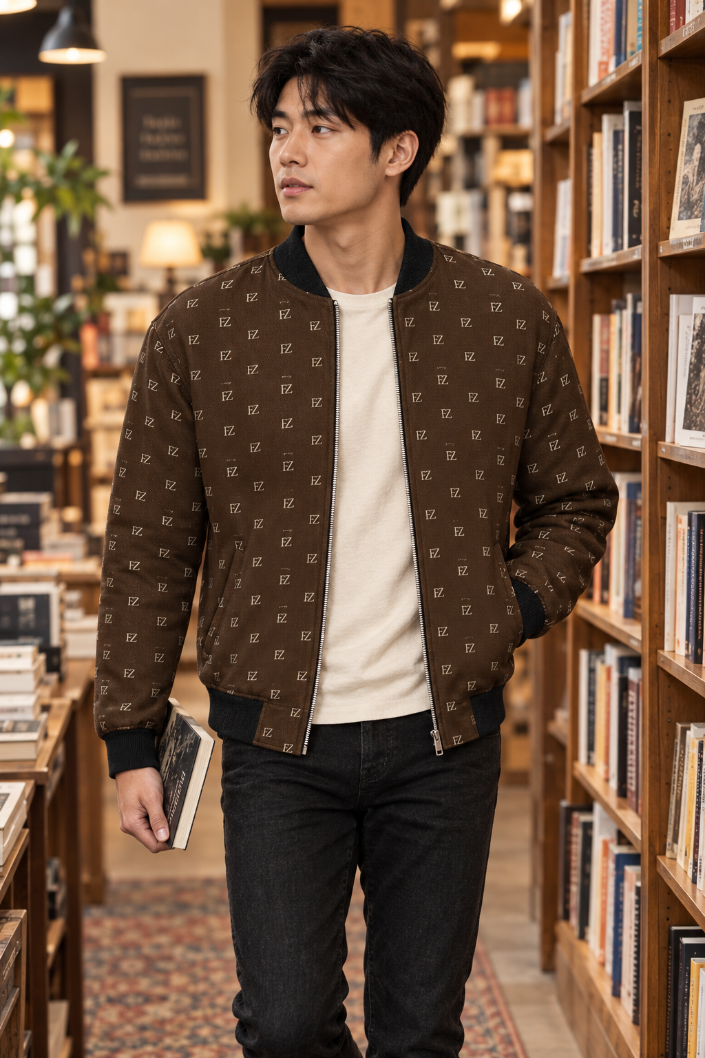 East Asian man in the brown FZ bomber in a bookstore