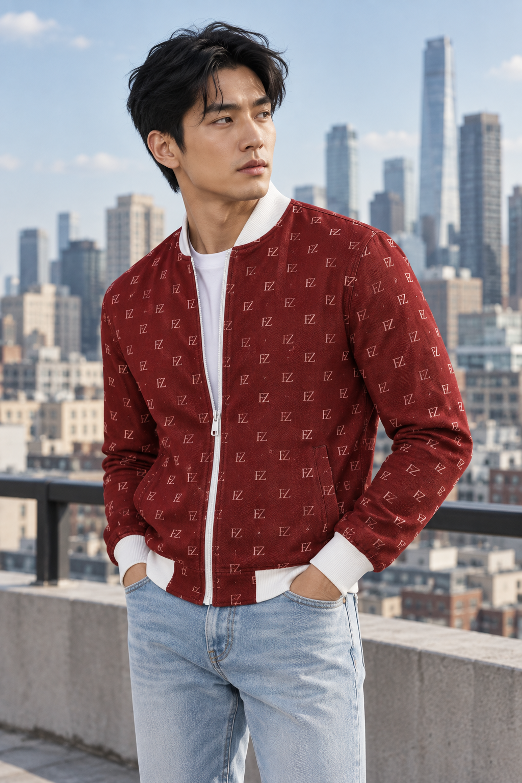 East Asian man in the burgundy FZ bomber on a rooftop