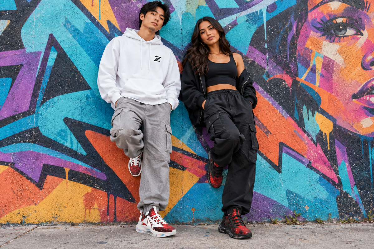 East Asian man in white sneakers and Latina woman in black sneakers by a graffiti wall