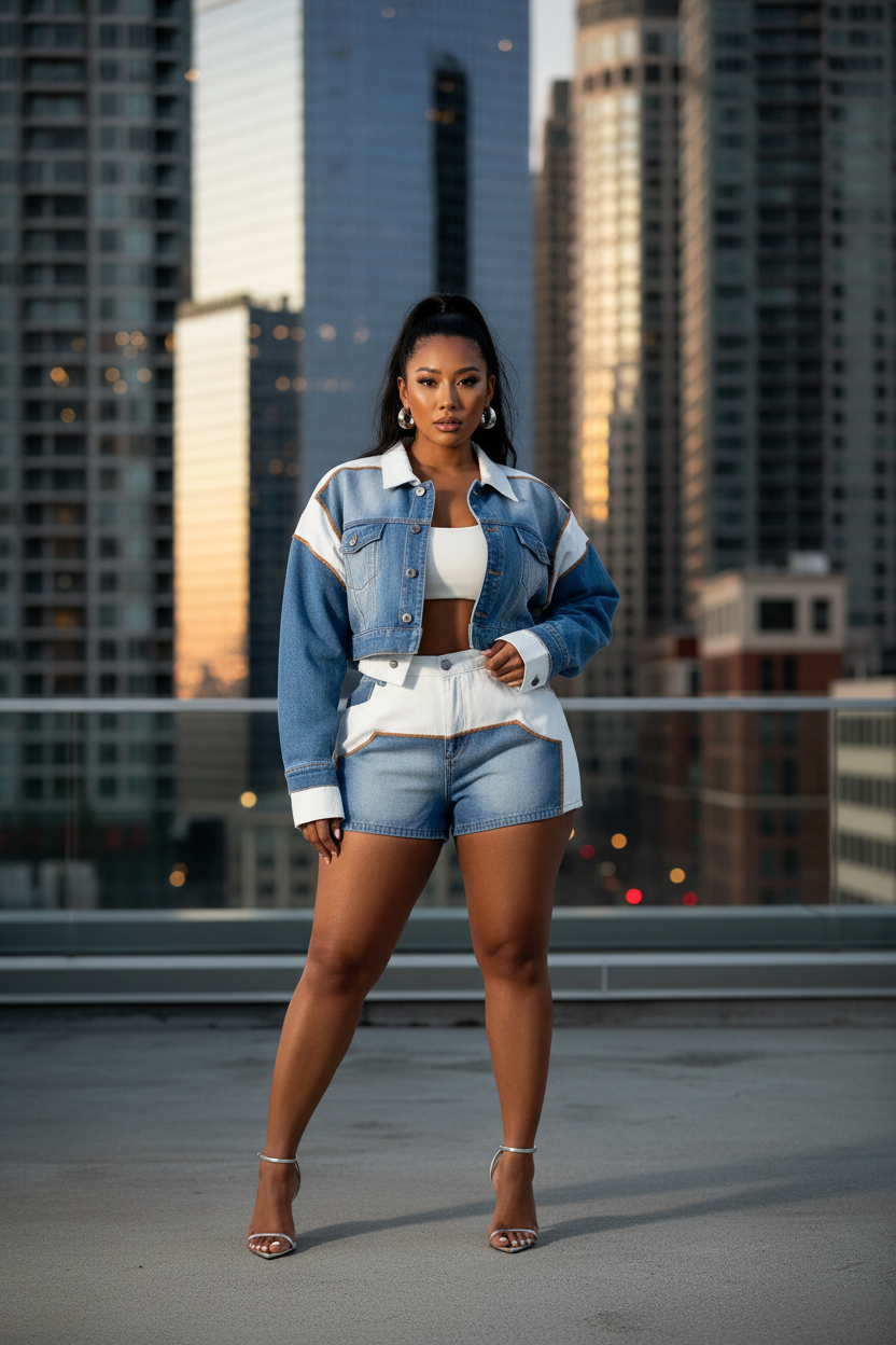 East Asian model in colorblock denim set