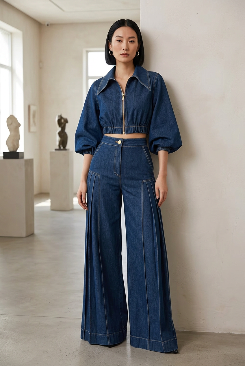 East Asian model leaning in a contemporary gallery
