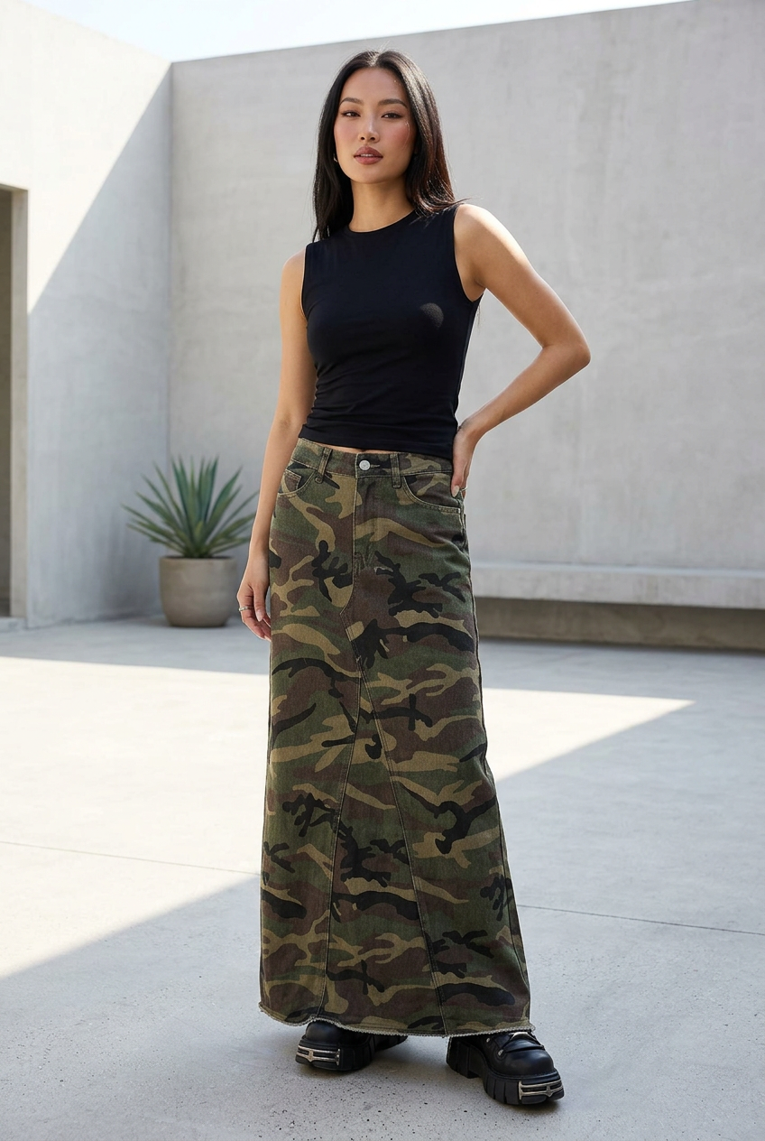 East Asian model posing in a minimalist courtyard