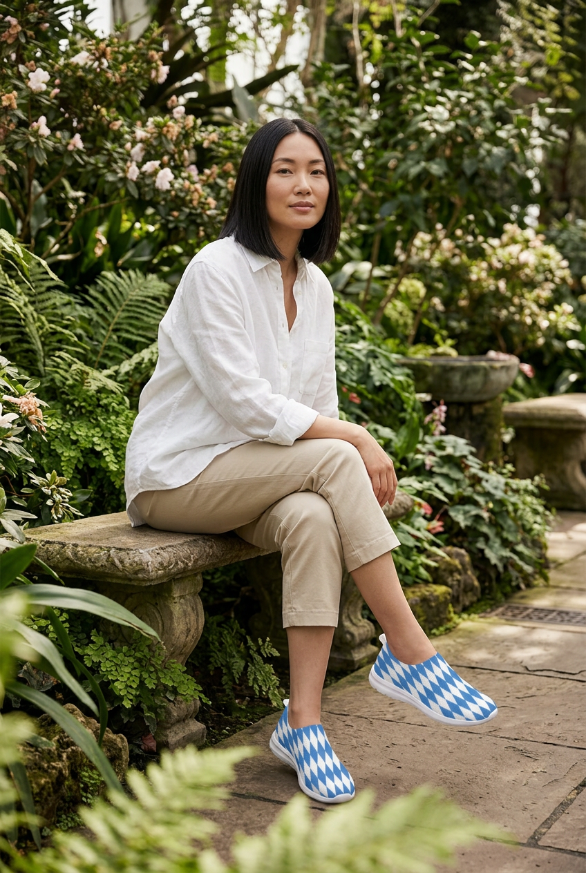 East Asian model seated in a botanical garden