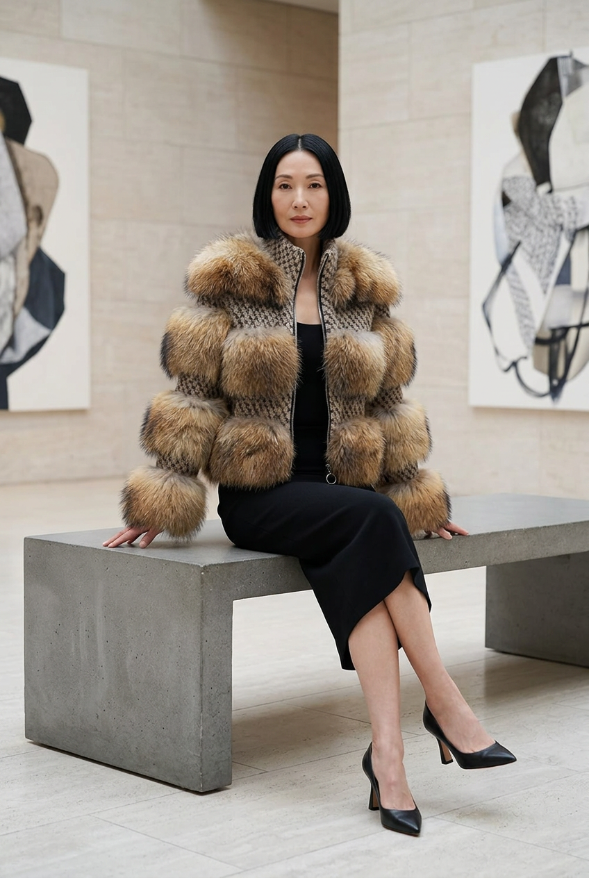 East Asian model seated in an art gallery