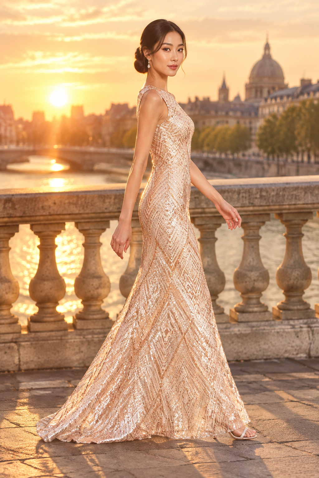East Asian model walking in side profile across a city bridge at sunset in the rose-gold sequin gown