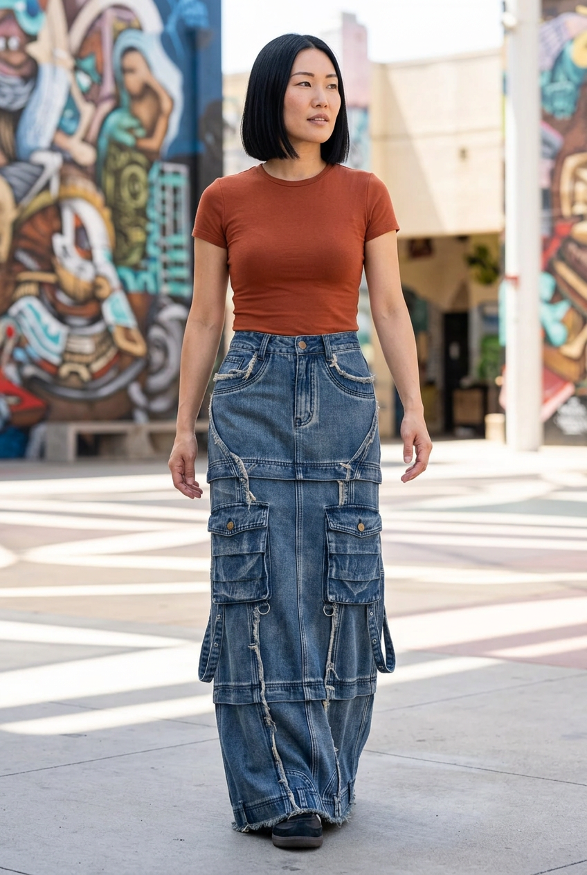 East Asian model walking in the blue cargo maxi skirt