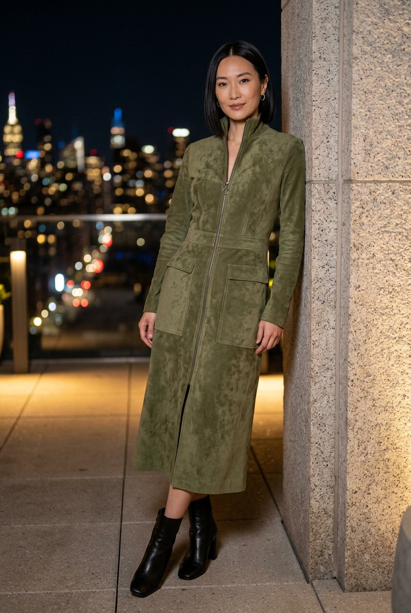 East Asian model wearing the olive suede dress with black ankle boots on a rooftop terrace